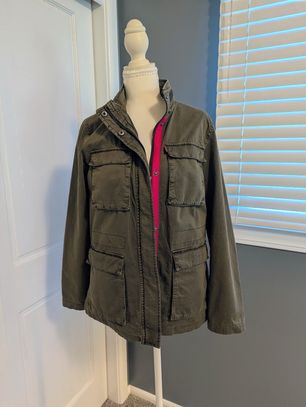 Levi's Olive Green Military Field Jacket with Pink Accent